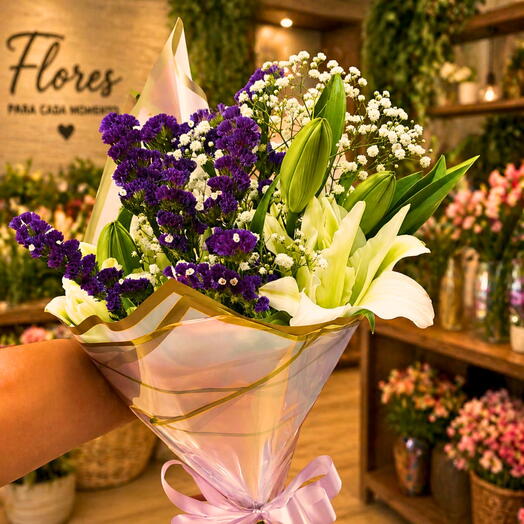 Bouquet com Lirios Brancos e estatice