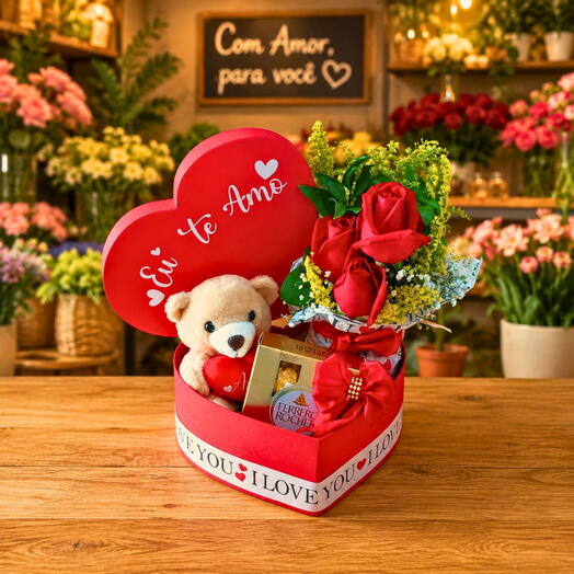 Cesta com Bombons Ferrero Rocher e urso de pelucia