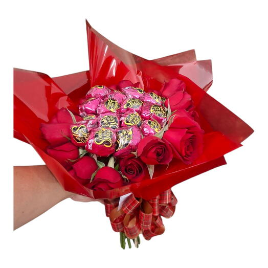 Buque Tamanho Grande de Rosas Vermelha com Caixa de Ferrero Rocher  com 8 Unidades
